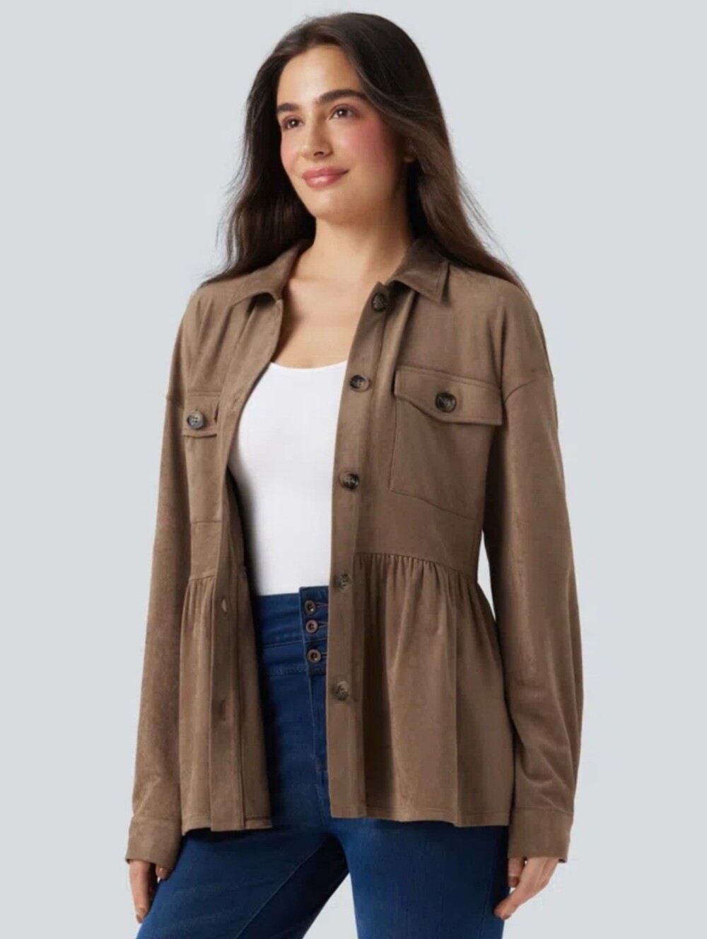 Halara Faux Suede Shirt Jacket Ruffle Hem Peplum Pockets NWT XL Coca Mocha